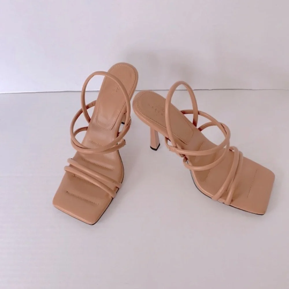 ASOS DESIGN strappy heeled sandals in camel, size 11